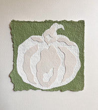 Load image into Gallery viewer, Small Green Collaged Pumpkin, Original Artwork by Kendal Blanchard, Southern artist, Southern art, Flower art, Botanical art, Textured art, Collaged art, Classic artwork, Timeless art, Blue and white artwork, Foliage artwork, Traditional artwork, Original artwork, Traditional home artwork, Painted flowers, Botanicals  Florals, Floral artwork, Coastal artwork
