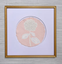 Load image into Gallery viewer, Single Hydrangea in Pink, Original Artwork by Kendal Blanchard, Southern artist, Southern art, Flower art, Botanical art, Textured art, Collaged art, Classic artwork, Timeless art, Blue and white artwork, Foliage artwork, Traditional artwork, Original artwork, Traditional home artwork, Painted flowers, Botanicals  Florals, Floral artwork, Coastal artwork
