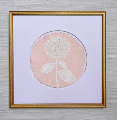 Single Hydrangea in Pink, Original Artwork by Kendal Blanchard, Southern artist, Southern art, Flower art, Botanical art, Textured art, Collaged art, Classic artwork, Timeless art, Blue and white artwork, Foliage artwork, Traditional artwork, Original artwork, Traditional home artwork, Painted flowers, Botanicals  Florals, Floral artwork, Coastal artwork
