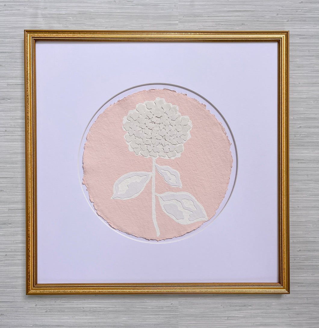 Single Hydrangea in Pink, Original Artwork by Kendal Blanchard, Southern artist, Southern art, Flower art, Botanical art, Textured art, Collaged art, Classic artwork, Timeless art, Blue and white artwork, Foliage artwork, Traditional artwork, Original artwork, Traditional home artwork, Painted flowers, Botanicals  Florals, Floral artwork, Coastal artwork