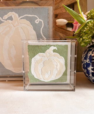 Small Green Collaged Pumpkin, Original Artwork by Kendal Blanchard, Southern artist, Southern art, Flower art, Botanical art, Textured art, Collaged art, Classic artwork, Timeless art, Blue and white artwork, Foliage artwork, Traditional artwork, Original artwork, Traditional home artwork, Painted flowers, Botanicals  Florals, Floral artwork, Coastal artwork