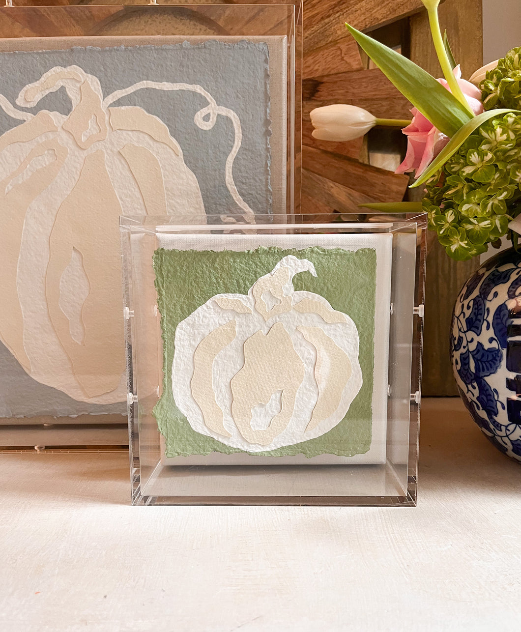 Small Green Collaged Pumpkin, Original Artwork by Kendal Blanchard, Southern artist, Southern art, Flower art, Botanical art, Textured art, Collaged art, Classic artwork, Timeless art, Blue and white artwork, Foliage artwork, Traditional artwork, Original artwork, Traditional home artwork, Painted flowers, Botanicals  Florals, Floral artwork, Coastal artwork