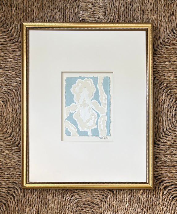 Blue Iris Fragment, Original Artwork by Kendal Blanchard, Southern artist, Southern art, Flower art, Botanical art, Textured art, Collaged art, Classic artwork, Timeless art, Blue and white artwork, Foliage artwork, Traditional artwork, Original artwork, Traditional home artwork, Painted flowers, Botanicals Florals, Floral artwork, Coastal artwork