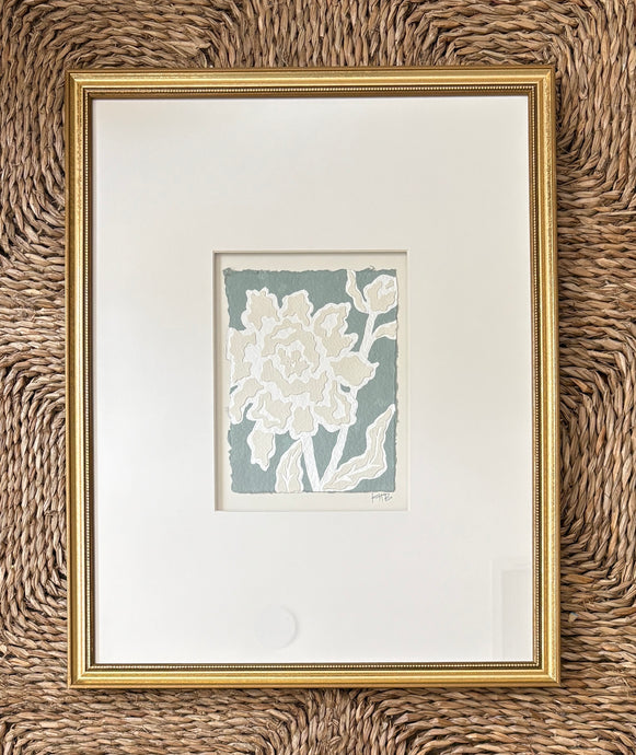 Peony Fragment I, Original Artwork by Kendal Blanchard, Southern artist, Southern art, Flower art, Botanical art, Textured art, Collaged art, Classic artwork, Timeless art, Blue and white artwork, Foliage artwork, Traditional artwork, Original artwork, Traditional home artwork, Painted flowers, Botanicals Florals, Floral artwork, Coastal artwork