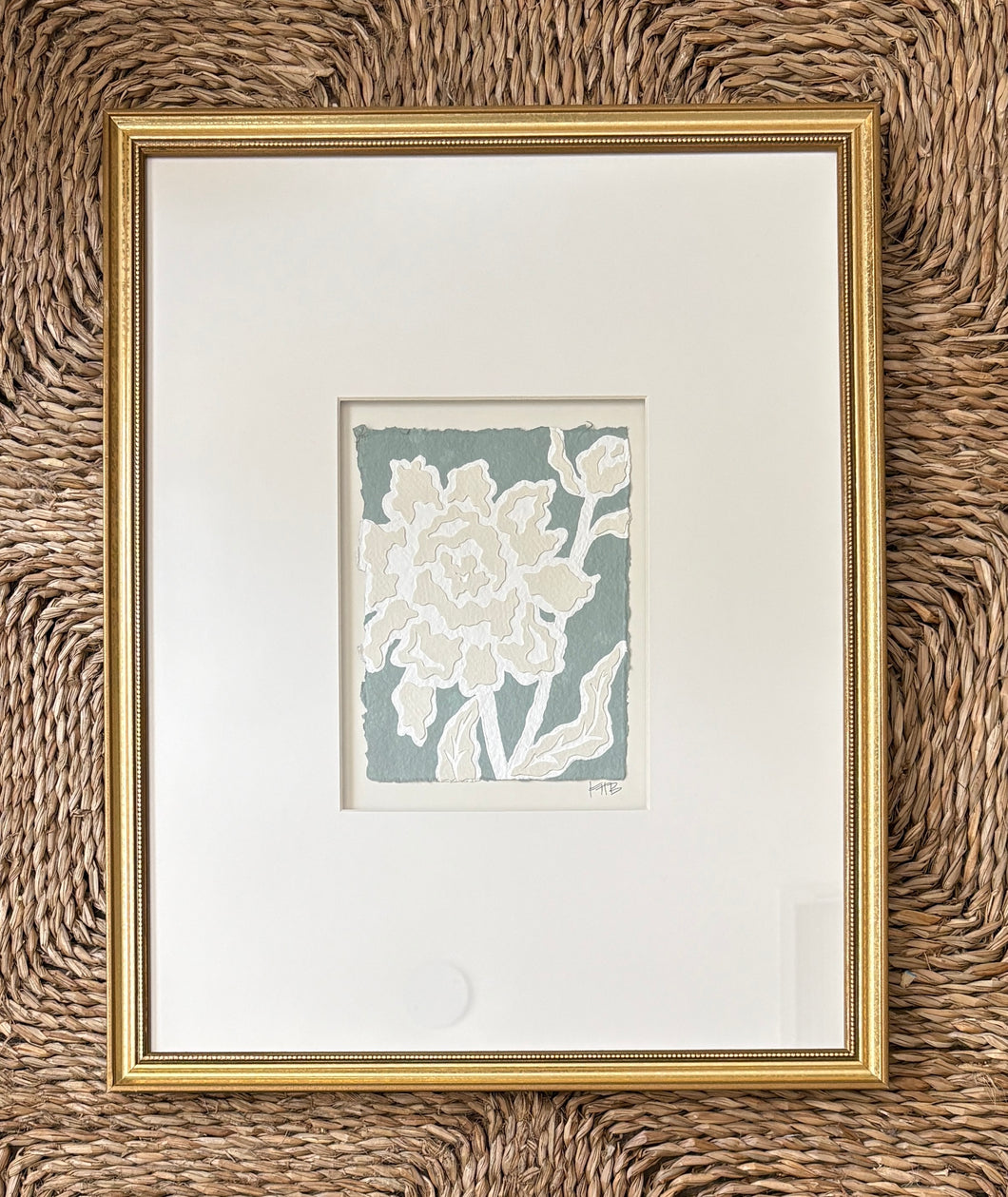Peony Fragment I, Original Artwork by Kendal Blanchard, Southern artist, Southern art, Flower art, Botanical art, Textured art, Collaged art, Classic artwork, Timeless art, Blue and white artwork, Foliage artwork, Traditional artwork, Original artwork, Traditional home artwork, Painted flowers, Botanicals Florals, Floral artwork, Coastal artwork