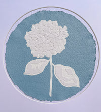 Load image into Gallery viewer, Single Hydrangea in Blue I, Original Artwork by Kendal Blanchard, Southern artist, Southern art, Flower art, Botanical art, Textured art, Collaged art, Classic artwork, Timeless art, Blue and white artwork, Foliage artwork, Traditional artwork, Original artwork, Traditional home artwork, Painted flowers, Botanicals  Florals, Floral artwork, Coastal artwork
