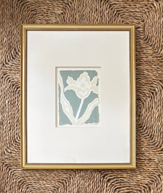 Tulip Fragment II, Original Artwork by Kendal Blanchard, Southern artist, Southern art, Flower art, Botanical art, Textured art, Collaged art, Classic artwork, Timeless art, Blue and white artwork, Foliage artwork, Traditional artwork, Original artwork, Traditional home artwork, Painted flowers, Botanicals Florals, Floral artwork, Coastal artwork