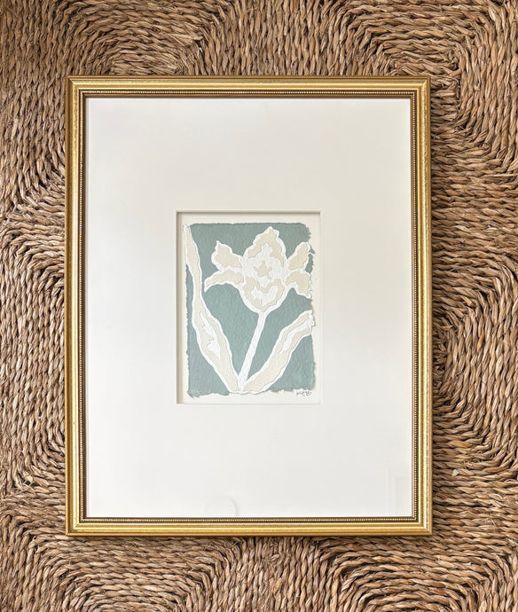 Tulip Fragment II, Original Artwork by Kendal Blanchard, Southern artist, Southern art, Flower art, Botanical art, Textured art, Collaged art, Classic artwork, Timeless art, Blue and white artwork, Foliage artwork, Traditional artwork, Original artwork, Traditional home artwork, Painted flowers, Botanicals Florals, Floral artwork, Coastal artwork