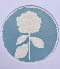 Load image into Gallery viewer, Single Hydrangea in Blue II, Original Artwork by Kendal Blanchard, Southern artist, Southern art, Flower art, Botanical art, Textured art, Collaged art, Classic artwork, Timeless art, Blue and white artwork, Foliage artwork, Traditional artwork, Original artwork, Traditional home artwork, Painted flowers, Botanicals  Florals, Floral artwork, Coastal artwork
