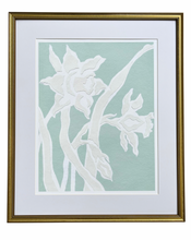 Load image into Gallery viewer, Daffodil Daze Print II, Original Artwork by Kendal Blanchard, Southern artist, Southern art, Flower art, Botanical art, Textured art, Collaged art, Classic artwork, Timeless art, Blue and white artwork, Foliage artwork, Traditional artwork, Original artwork, Traditional home artwork, Painted flowers, Botanicals  Florals, Floral artwork, Coastal artwork
