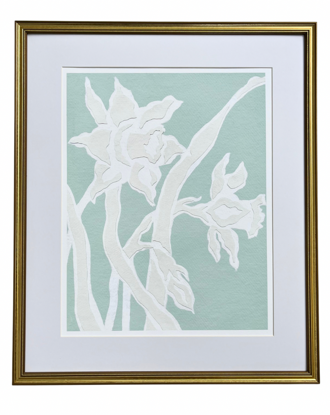 Daffodil Daze Print II, Original Artwork by Kendal Blanchard, Southern artist, Southern art, Flower art, Botanical art, Textured art, Collaged art, Classic artwork, Timeless art, Blue and white artwork, Foliage artwork, Traditional artwork, Original artwork, Traditional home artwork, Painted flowers, Botanicals  Florals, Floral artwork, Coastal artwork