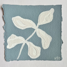 Load image into Gallery viewer, 7x7 Blue Olive Branch, Original Artwork by Kendal Blanchard, Southern artist, Southern art, Flower art, Botanical art, Textured art, Collaged art, Classic artwork, Timeless art, Blue and white artwork, Foliage artwork, Traditional artwork, Original artwork, Traditional home artwork, Painted flowers, Botanicals  Florals, Floral artwork, Coastal artwork
