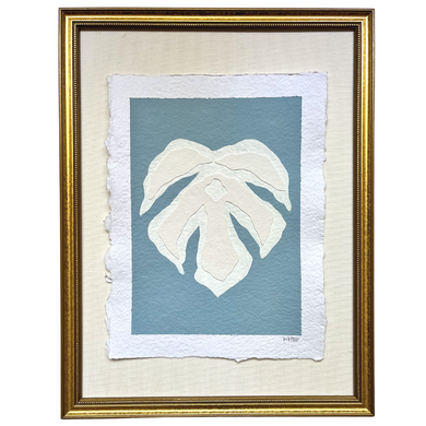9x12 Blue Monstera, Original Artwork by Kendal Blanchard, Southern artist, Southern art, Flower art, Botanical art, Textured art, Collaged art, Classic artwork, Timeless art, Blue and white artwork, Foliage artwork, Traditional artwork, Original artwork, Traditional home artwork, Painted flowers, Botanicals  Florals, Floral artwork, Coastal artwork