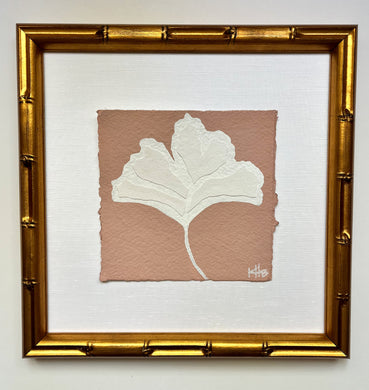 7x7 Coral Ginkgo Leaf, Original Artwork by Kendal Blanchard, Southern artist, Southern art, Flower art, Botanical art, Textured art, Collaged art, Classic artwork, Timeless art, Blue and white artwork, Foliage artwork, Traditional artwork, Original artwork, Traditional home artwork, Painted flowers, Botanicals  Florals, Floral artwork, Coastal artwork