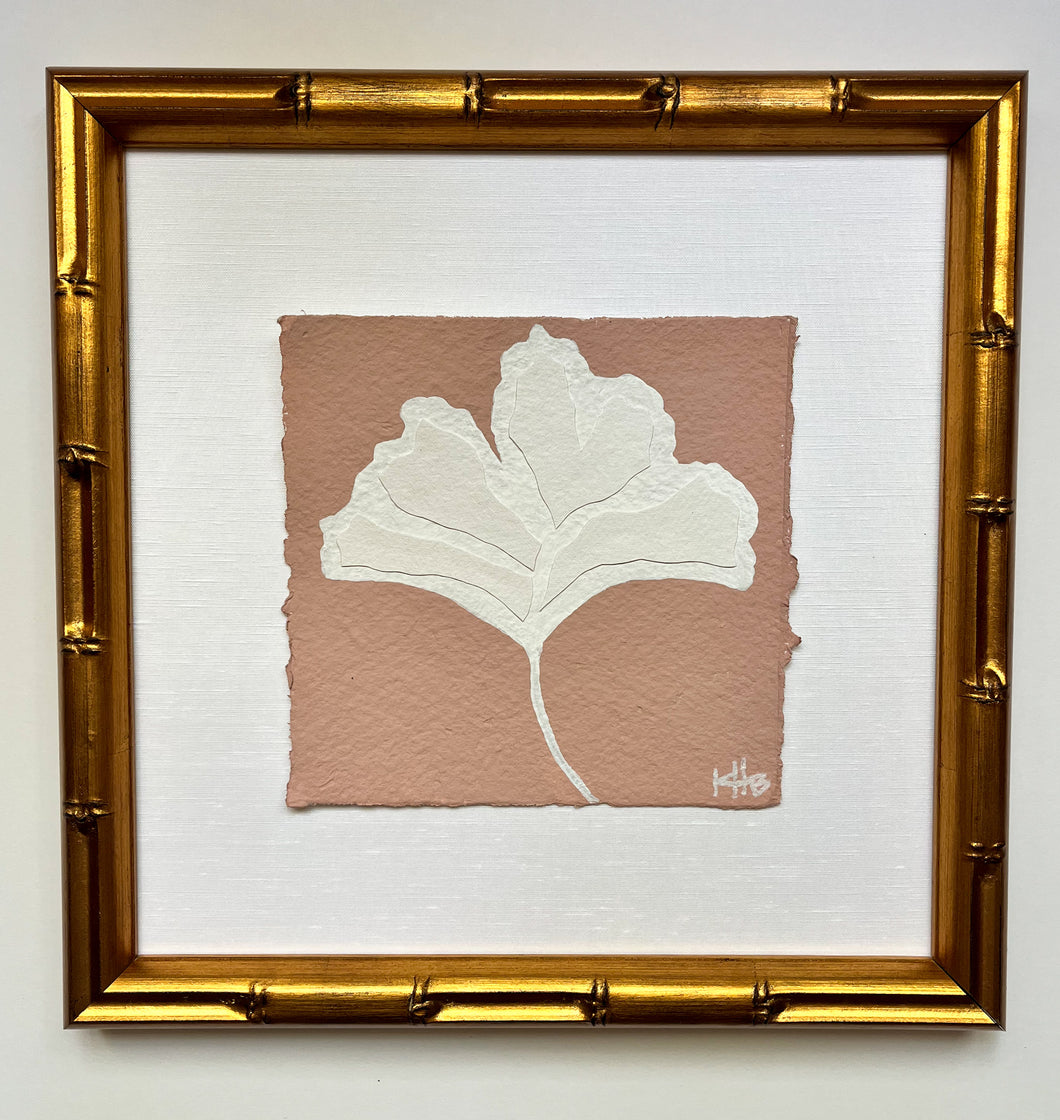 7x7 Coral Ginkgo Leaf, Original Artwork by Kendal Blanchard, Southern artist, Southern art, Flower art, Botanical art, Textured art, Collaged art, Classic artwork, Timeless art, Blue and white artwork, Foliage artwork, Traditional artwork, Original artwork, Traditional home artwork, Painted flowers, Botanicals  Florals, Floral artwork, Coastal artwork