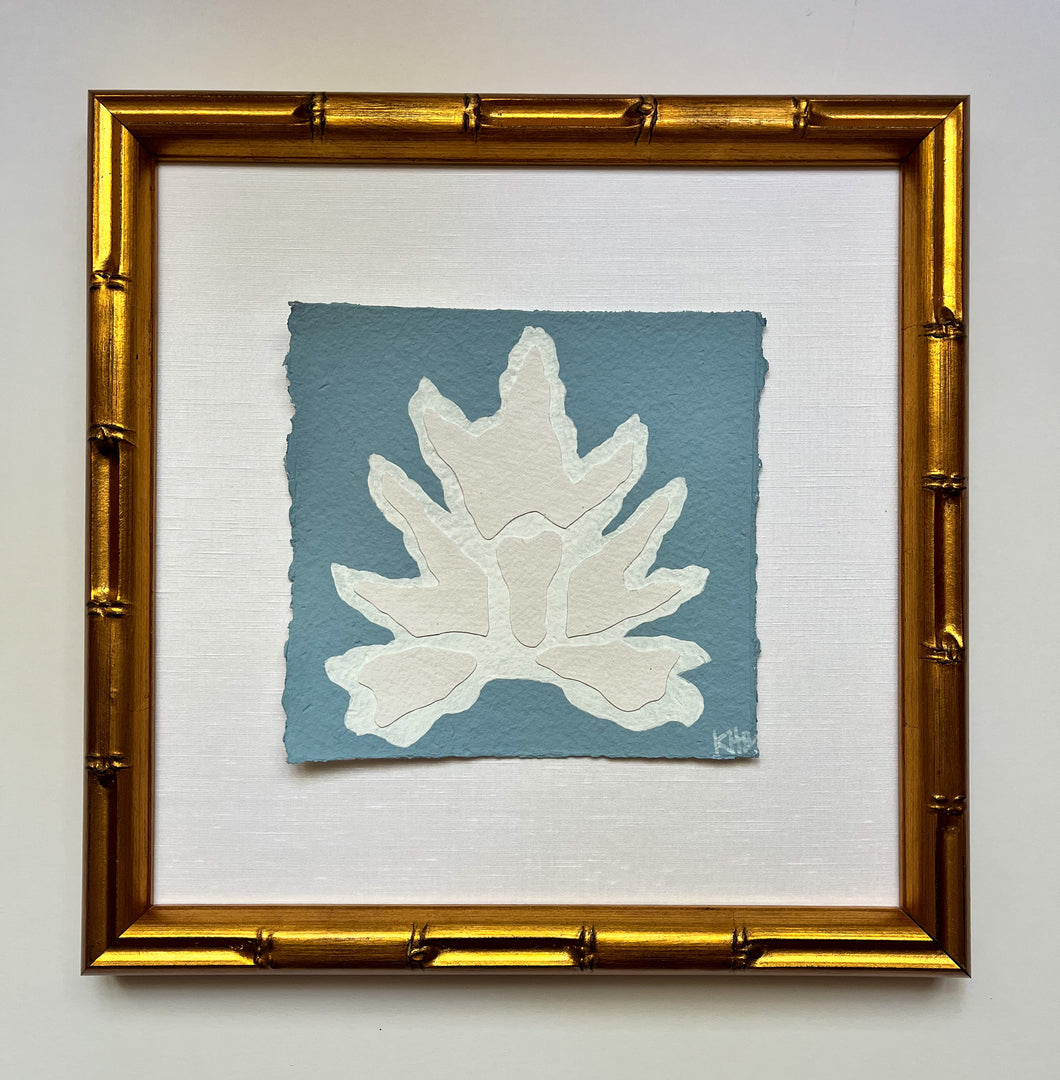 7x7 Blue Split Leaf, Original Artwork by Kendal Blanchard, Southern artist, Southern art, Flower art, Botanical art, Textured art, Collaged art, Classic artwork, Timeless art, Blue and white artwork, Foliage artwork, Traditional artwork, Original artwork, Traditional home artwork, Painted flowers, Botanicals  Florals, Floral artwork, Coastal artwork