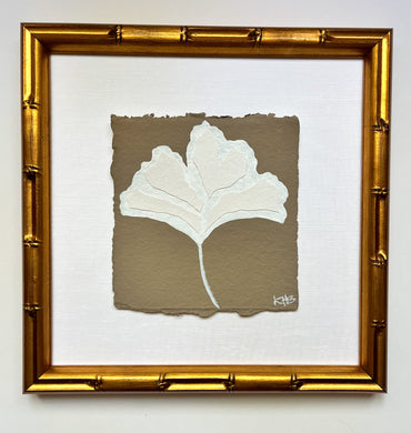 7x7 Mushroom Ginkgo Leaf, Original Artwork by Kendal Blanchard, Southern artist, Southern art, Flower art, Botanical art, Textured art, Collaged art, Classic artwork, Timeless art, Blue and white artwork, Foliage artwork, Traditional artwork, Original artwork, Traditional home artwork, Painted flowers, Botanicals  Florals, Floral artwork, Coastal artwork