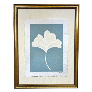 9x12 Blue Ginkgo Leaf, Original Artwork by Kendal Blanchard, Southern artist, Southern art, Flower art, Botanical art, Textured art, Collaged art, Classic artwork, Timeless art, Blue and white artwork, Foliage artwork, Traditional artwork, Original artwork, Traditional home artwork, Painted flowers, Botanicals  Florals, Floral artwork, Coastal artwork