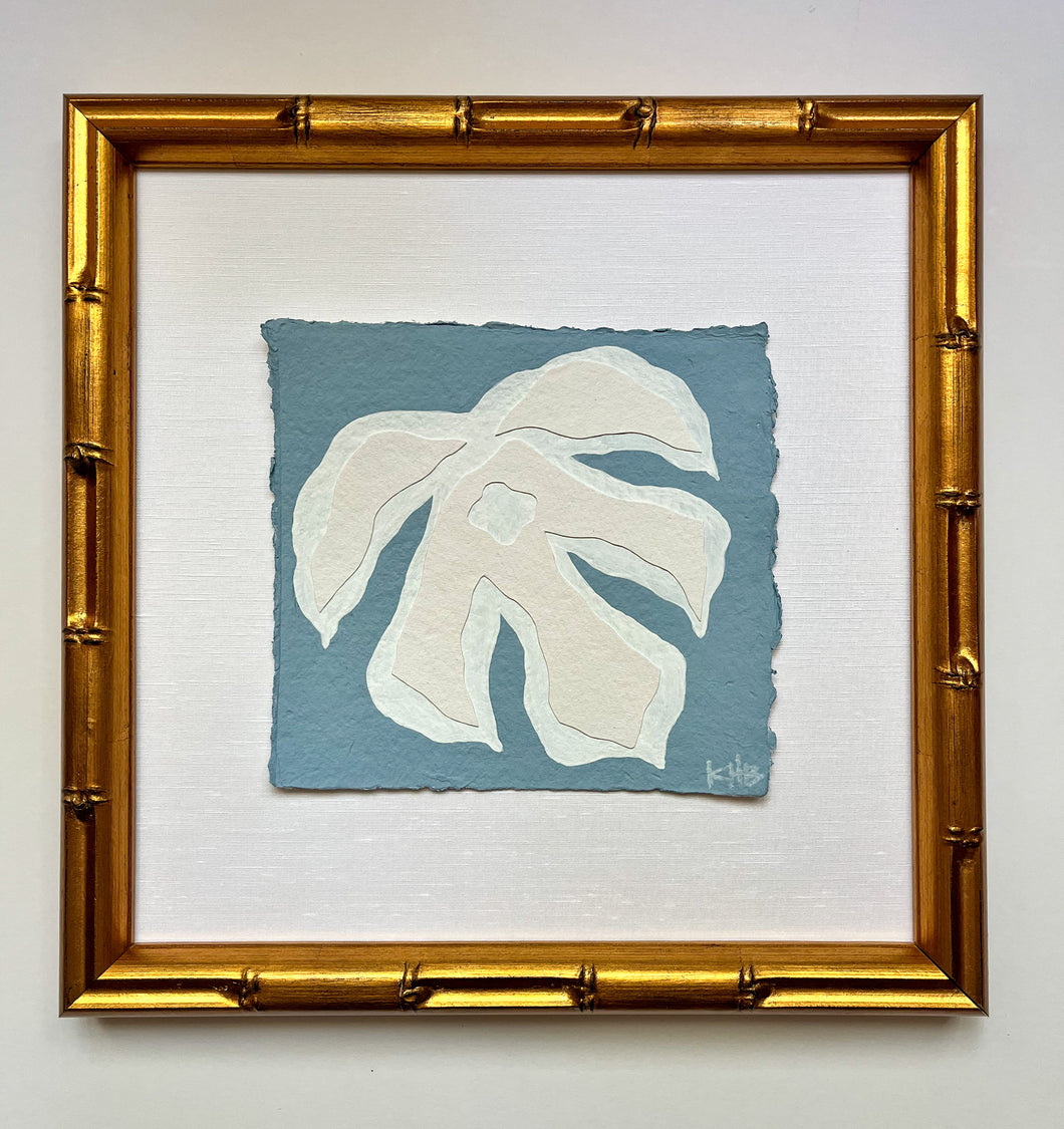 7x7 Blue Monstera, Original Artwork by Kendal Blanchard, Southern artist, Southern art, Flower art, Botanical art, Textured art, Collaged art, Classic artwork, Timeless art, Blue and white artwork, Foliage artwork, Traditional artwork, Original artwork, Traditional home artwork, Painted flowers, Botanicals  Florals, Floral artwork, Coastal artwork