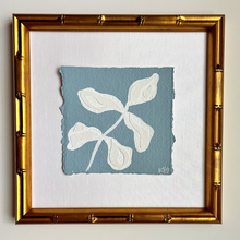 Load image into Gallery viewer, 7x7 Blue Olive Branch, Original Artwork by Kendal Blanchard, Southern artist, Southern art, Flower art, Botanical art, Textured art, Collaged art, Classic artwork, Timeless art, Blue and white artwork, Foliage artwork, Traditional artwork, Original artwork, Traditional home artwork, Painted flowers, Botanicals  Florals, Floral artwork, Coastal artwork
