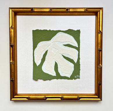 7x7 Green Monstera, Original Artwork by Kendal Blanchard, Southern artist, Southern art, Flower art, Botanical art, Textured art, Collaged art, Classic artwork, Timeless art, Blue and white artwork, Foliage artwork, Traditional artwork, Original artwork, Traditional home artwork, Painted flowers, Botanicals  Florals, Floral artwork, Coastal artwork