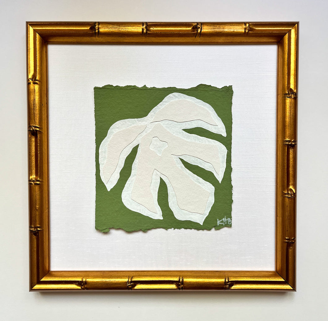7x7 Green Monstera, Original Artwork by Kendal Blanchard, Southern artist, Southern art, Flower art, Botanical art, Textured art, Collaged art, Classic artwork, Timeless art, Blue and white artwork, Foliage artwork, Traditional artwork, Original artwork, Traditional home artwork, Painted flowers, Botanicals  Florals, Floral artwork, Coastal artwork