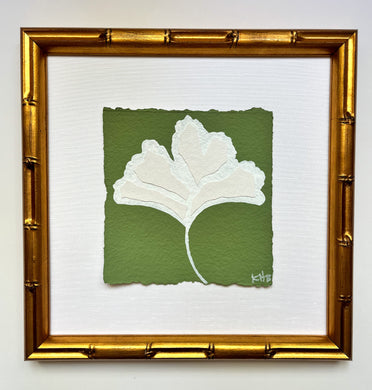 7x7 Green Ginkgo Leaf, Original Artwork by Kendal Blanchard, Southern artist, Southern art, Flower art, Botanical art, Textured art, Collaged art, Classic artwork, Timeless art, Blue and white artwork, Foliage artwork, Traditional artwork, Original artwork, Traditional home artwork, Painted flowers, Botanicals  Florals, Floral artwork, Coastal artwork