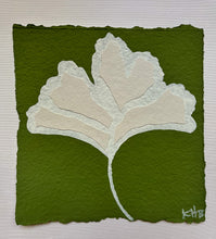 Load image into Gallery viewer, 7x7 Green Ginkgo Leaf, Original Artwork by Kendal Blanchard, Southern artist, Southern art, Flower art, Botanical art, Textured art, Collaged art, Classic artwork, Timeless art, Blue and white artwork, Foliage artwork, Traditional artwork, Original artwork, Traditional home artwork, Painted flowers, Botanicals  Florals, Floral artwork, Coastal artwork
