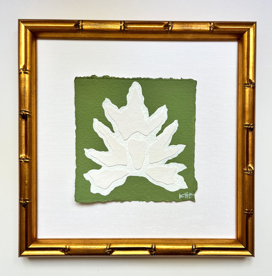 7x7 Green Split Leaf, Original Artwork by Kendal Blanchard, Southern artist, Southern art, Flower art, Botanical art, Textured art, Collaged art, Classic artwork, Timeless art, Blue and white artwork, Foliage artwork, Traditional artwork, Original artwork, Traditional home artwork, Painted flowers, Botanicals  Florals, Floral artwork, Coastal artwork
