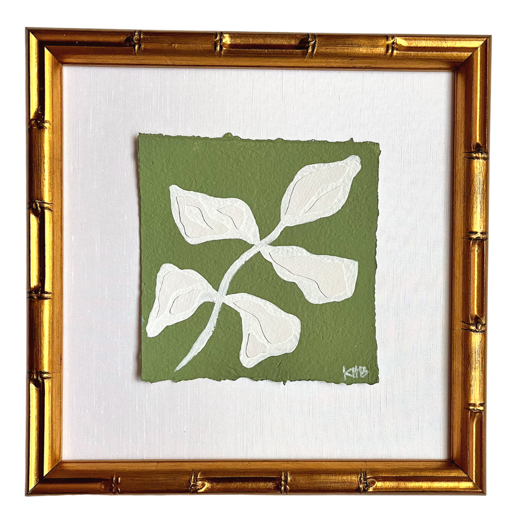 7x7 Green Olive Branch, Original Artwork by Kendal Blanchard, Southern artist, Southern art, Flower art, Botanical art, Textured art, Collaged art, Classic artwork, Timeless art, Blue and white artwork, Foliage artwork, Traditional artwork, Original artwork, Traditional home artwork, Painted flowers, Botanicals  Florals, Floral artwork, Coastal artwork