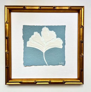 7x7 Blue Ginkgo, Original Artwork by Kendal Blanchard, Southern artist, Southern art, Flower art, Botanical art, Textured art, Collaged art, Classic artwork, Timeless art, Blue and white artwork, Foliage artwork, Traditional artwork, Original artwork, Traditional home artwork, Painted flowers, Botanicals  Florals, Floral artwork, Coastal artwork