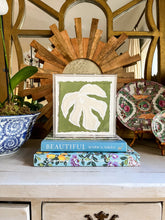 Load image into Gallery viewer, Monstera Leaf in Green, Original Artwork by Kendal Blanchard, Southern artist, Southern art, Flower art, Botanical art, Textured art, Collaged art, Classic artwork, Timeless art, Blue and white artwork, Foliage artwork, Traditional artwork, Original artwork, Traditional home artwork, Painted flowers, Botanicals  Florals, Floral artwork, Coastal artwork
