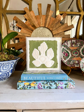 Fig Leaf in Green, Original Artwork by Kendal Blanchard, Southern artist, Southern art, Flower art, Botanical art, Textured art, Collaged art, Classic artwork, Timeless art, Blue and white artwork, Foliage artwork, Traditional artwork, Original artwork, Traditional home artwork, Painted flowers, Botanicals  Florals, Floral artwork, Coastal artwork