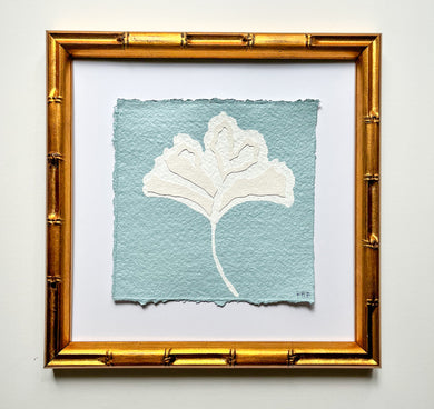 Blue Ginkgo Leaf, Original Artwork by Kendal Blanchard, Southern artist, Southern art, Flower art, Botanical art, Textured art, Collaged art, Classic artwork, Timeless art, Blue and white artwork, Foliage artwork, Traditional artwork, Original artwork, Traditional home artwork, Painted flowers, Botanicals  Florals, Floral artwork, Coastal artwork