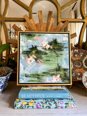Water Lily Scene I, Original Artwork by Kendal Blanchard, Southern artist, Southern art, Flower art, Botanical art, Textured art, Collaged art, Classic artwork, Timeless art, Blue and white artwork, Foliage artwork, Traditional artwork, Original artwork, Traditional home artwork, Painted flowers, Botanicals  Florals, Floral artwork, Coastal artwork