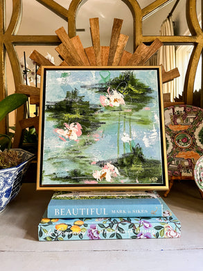 Water Lily Scene IV, Original Artwork by Kendal Blanchard, Southern artist, Southern art, Flower art, Botanical art, Textured art, Collaged art, Classic artwork, Timeless art, Blue and white artwork, Foliage artwork, Traditional artwork, Original artwork, Traditional home artwork, Painted flowers, Botanicals  Florals, Floral artwork, Coastal artwork