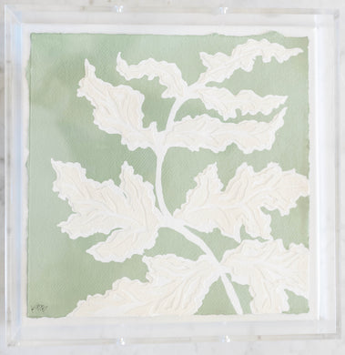 Frilly Fern In Moss I, Original Artwork by Kendal Blanchard, Southern artist, Southern art, Flower art, Botanical art, Textured art, Collaged art, Classic artwork, Timeless art, Blue and white artwork, Foliage artwork, Traditional artwork, Original artwork, Traditional home artwork, Painted flowers, Botanicals  Florals, Floral artwork, Coastal artwork