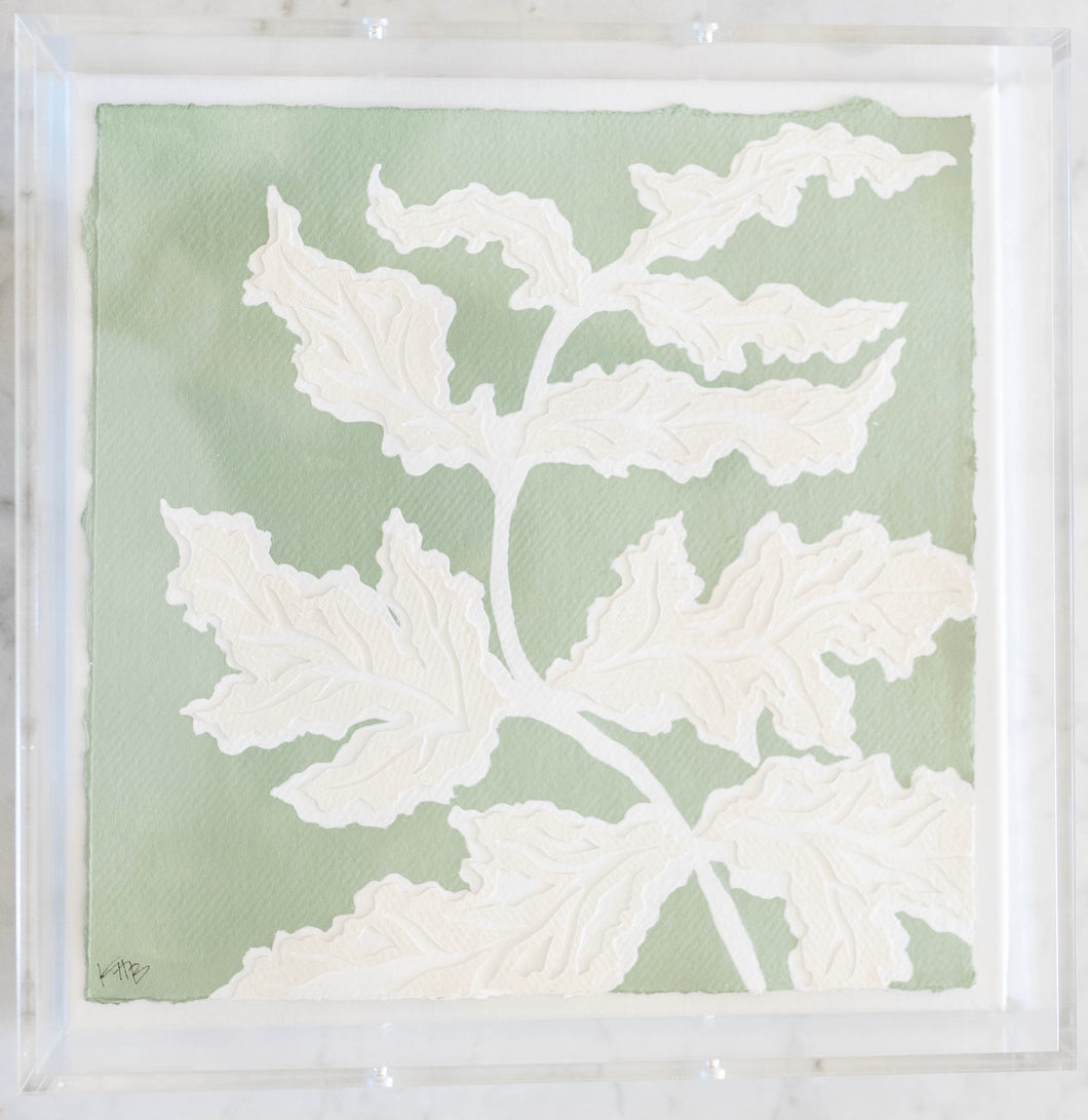 Frilly Fern In Moss I, Original Artwork by Kendal Blanchard, Southern artist, Southern art, Flower art, Botanical art, Textured art, Collaged art, Classic artwork, Timeless art, Blue and white artwork, Foliage artwork, Traditional artwork, Original artwork, Traditional home artwork, Painted flowers, Botanicals  Florals, Floral artwork, Coastal artwork
