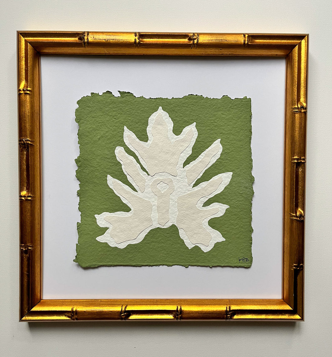 Green Split Leaf, Original Artwork by Kendal Blanchard, Southern artist, Southern art, Flower art, Botanical art, Textured art, Collaged art, Classic artwork, Timeless art, Blue and white artwork, Foliage artwork, Traditional artwork, Original artwork, Traditional home artwork, Painted flowers, Botanicals  Florals, Floral artwork, Coastal artwork