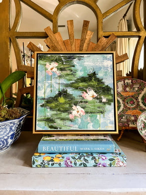Water Lily Scene II, Original Artwork by Kendal Blanchard, Southern artist, Southern art, Flower art, Botanical art, Textured art, Collaged art, Classic artwork, Timeless art, Blue and white artwork, Foliage artwork, Traditional artwork, Original artwork, Traditional home artwork, Painted flowers, Botanicals  Florals, Floral artwork, Coastal artwork