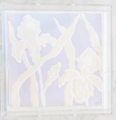 Iris Bouquet in Lavender, Original Artwork by Kendal Blanchard, Southern artist, Southern art, Flower art, Botanical art, Textured art, Collaged art, Classic artwork, Timeless art, Blue and white artwork, Foliage artwork, Traditional artwork, Original artwork, Traditional home artwork, Painted flowers, Botanicals  Florals, Floral artwork, Coastal artwork