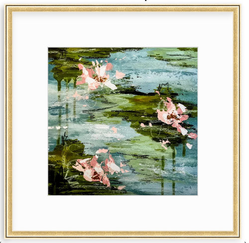 Lily Pad Sonata - Giclee Print, Original Artwork by Kendal Blanchard, Southern artist, Southern art, Flower art, Botanical art, Textured art, Collaged art, Classic artwork, Timeless art, Blue and white artwork, Foliage artwork, Traditional artwork, Original artwork, Traditional home artwork, Painted flowers, Botanicals  Florals, Floral artwork, Coastal artwork