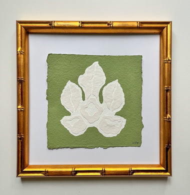Green Fig Leaf, Original Artwork by Kendal Blanchard, Southern artist, Southern art, Flower art, Botanical art, Textured art, Collaged art, Classic artwork, Timeless art, Blue and white artwork, Foliage artwork, Traditional artwork, Original artwork, Traditional home artwork, Painted flowers, Botanicals  Florals, Floral artwork, Coastal artwork