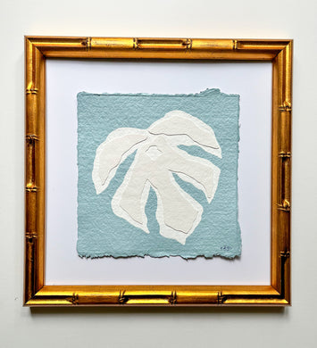 Blue Monstera Leaf, Original Artwork by Kendal Blanchard, Southern artist, Southern art, Flower art, Botanical art, Textured art, Collaged art, Classic artwork, Timeless art, Blue and white artwork, Foliage artwork, Traditional artwork, Original artwork, Traditional home artwork, Painted flowers, Botanicals  Florals, Floral artwork, Coastal artwork