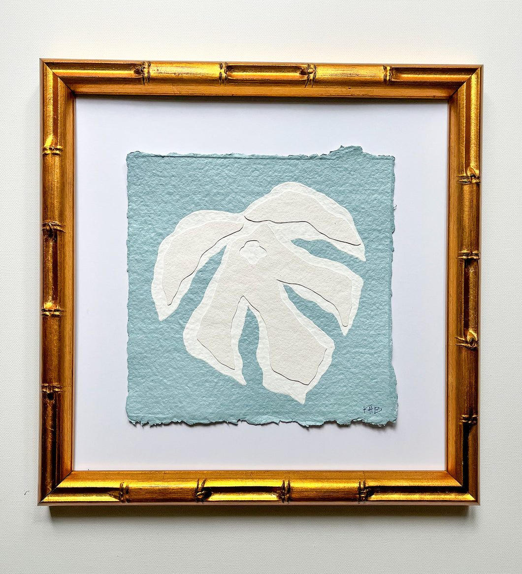 Blue Monstera Leaf, Original Artwork by Kendal Blanchard, Southern artist, Southern art, Flower art, Botanical art, Textured art, Collaged art, Classic artwork, Timeless art, Blue and white artwork, Foliage artwork, Traditional artwork, Original artwork, Traditional home artwork, Painted flowers, Botanicals  Florals, Floral artwork, Coastal artwork