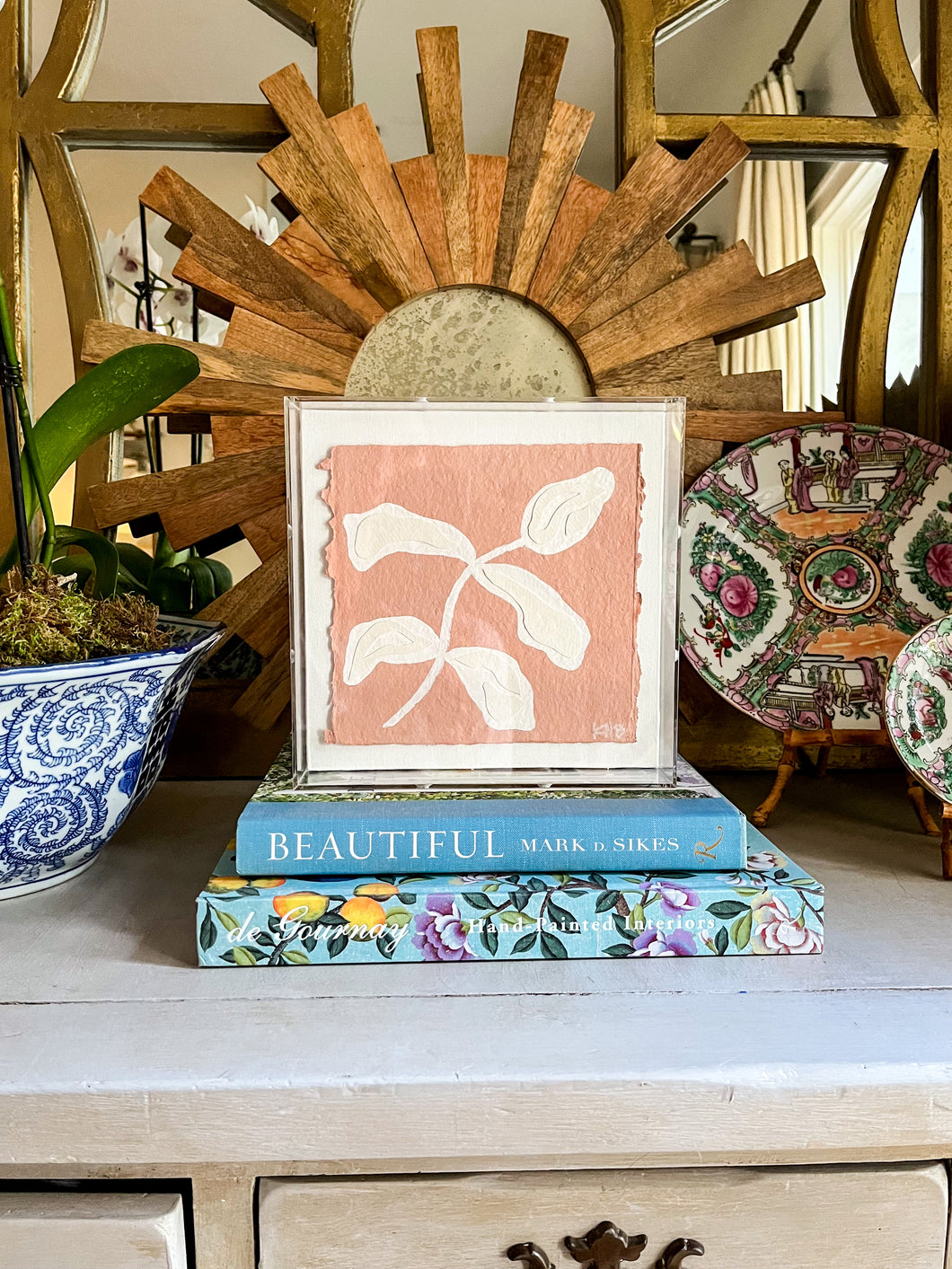 Olive Branch in Pink, Original Artwork by Kendal Blanchard, Southern artist, Southern art, Flower art, Botanical art, Textured art, Collaged art, Classic artwork, Timeless art, Blue and white artwork, Foliage artwork, Traditional artwork, Original artwork, Traditional home artwork, Painted flowers, Botanicals  Florals, Floral artwork, Coastal artwork