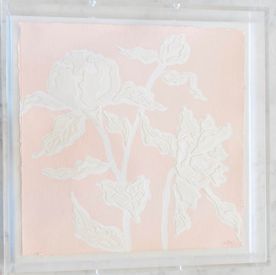 Peony Posey in Pink, Original Artwork by Kendal Blanchard, Southern artist, Southern art, Flower art, Botanical art, Textured art, Collaged art, Classic artwork, Timeless art, Blue and white artwork, Foliage artwork, Traditional artwork, Original artwork, Traditional home artwork, Painted flowers, Botanicals  Florals, Floral artwork, Coastal artwork