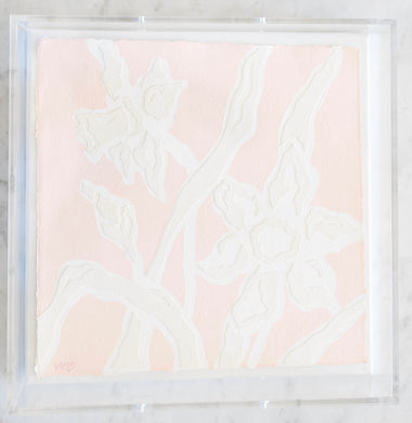 Daffodil Daze in Pink, Original Artwork by Kendal Blanchard, Southern artist, Southern art, Flower art, Botanical art, Textured art, Collaged art, Classic artwork, Timeless art, Blue and white artwork, Foliage artwork, Traditional artwork, Original artwork, Traditional home artwork, Painted flowers, Botanicals  Florals, Floral artwork, Coastal artwork