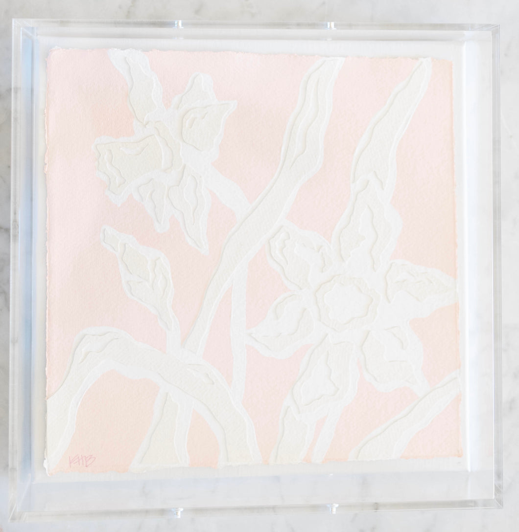 Daffodil Daze in Pink, Original Artwork by Kendal Blanchard, Southern artist, Southern art, Flower art, Botanical art, Textured art, Collaged art, Classic artwork, Timeless art, Blue and white artwork, Foliage artwork, Traditional artwork, Original artwork, Traditional home artwork, Painted flowers, Botanicals  Florals, Floral artwork, Coastal artwork