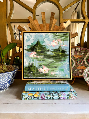 Water Lily Scene III, Original Artwork by Kendal Blanchard, Southern artist, Southern art, Flower art, Botanical art, Textured art, Collaged art, Classic artwork, Timeless art, Blue and white artwork, Foliage artwork, Traditional artwork, Original artwork, Traditional home artwork, Painted flowers, Botanicals  Florals, Floral artwork, Coastal artwork